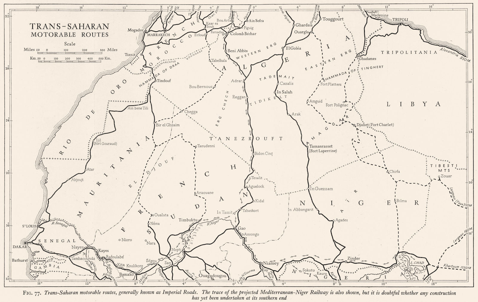 AFRICA. Trans-Sahara Imperial Road Planned Mediterranean-Night Railway 1943 map